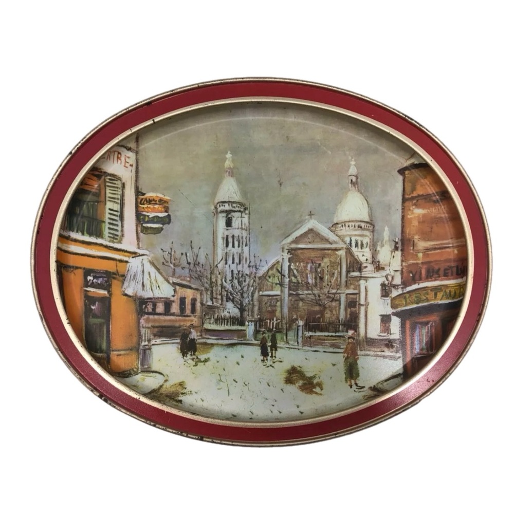 Vintage Cookie Tin Top Serving Tray Sunshine Biscuit Co "Snow On Montmartre"